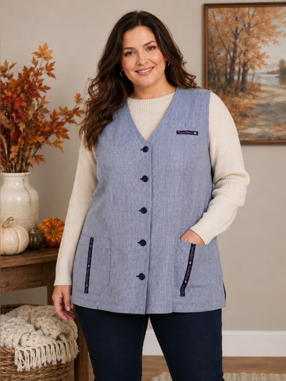Sportive Plus Blue & White Gingham Sleeveless Button Front Vest, Plus Size 16